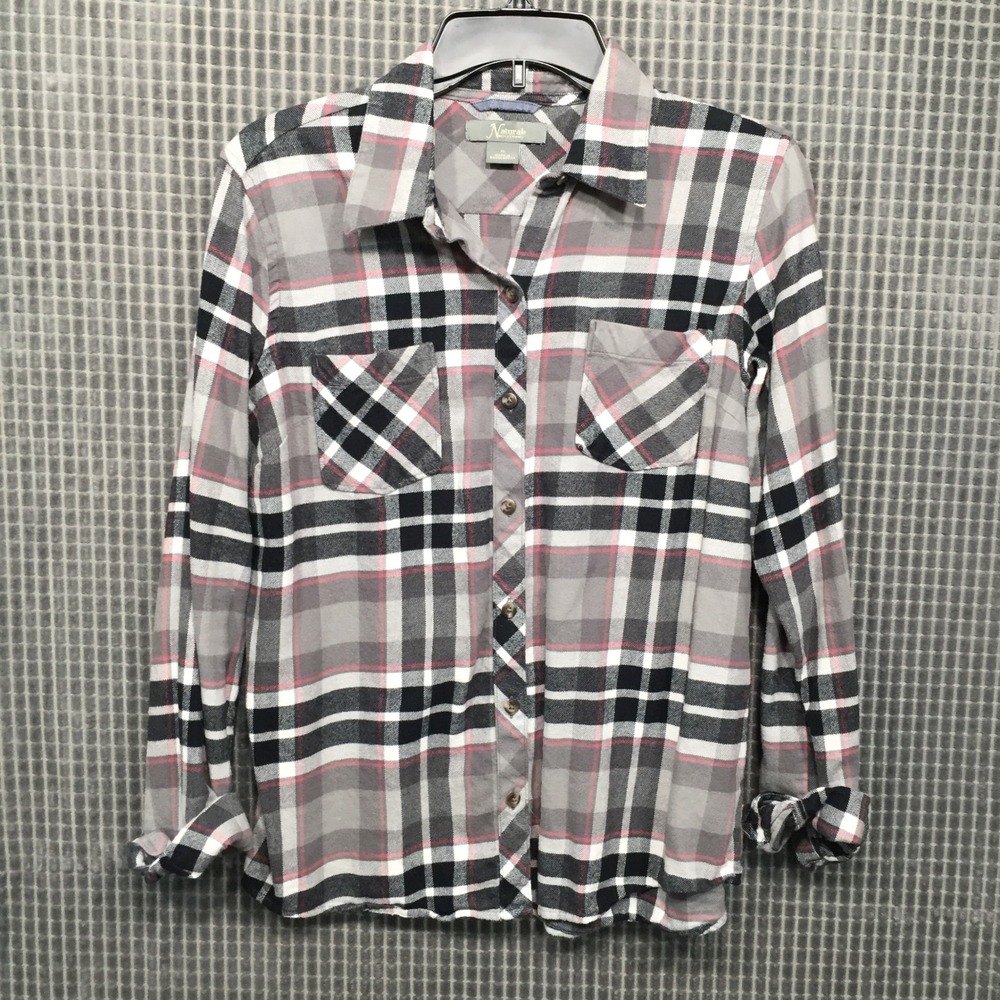 Natural Reflections Womens Plaid Flannel Shirt Gray Pink Cotton Button Down M